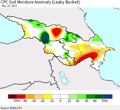 Azerbaijan, Armenia and Georgia CPC Soil Moisture Anomaly (Leaky Bucket) Thematic Map For 3/26/2023 - 3/31/2023