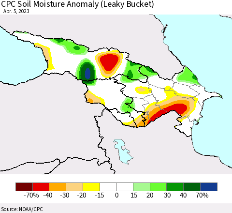 Azerbaijan, Armenia and Georgia CPC Soil Moisture Anomaly (Leaky Bucket) Thematic Map For 4/1/2023 - 4/5/2023