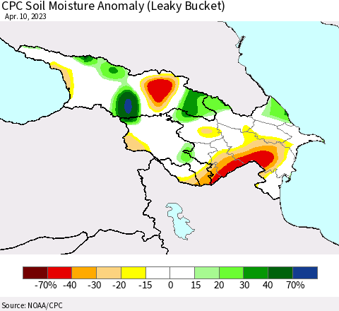 Azerbaijan, Armenia and Georgia CPC Soil Moisture Anomaly (Leaky Bucket) Thematic Map For 4/6/2023 - 4/10/2023