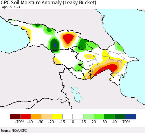 Azerbaijan, Armenia and Georgia CPC Soil Moisture Anomaly (Leaky Bucket) Thematic Map For 4/11/2023 - 4/15/2023