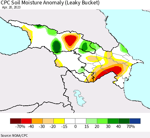 Azerbaijan, Armenia and Georgia CPC Soil Moisture Anomaly (Leaky Bucket) Thematic Map For 4/16/2023 - 4/20/2023