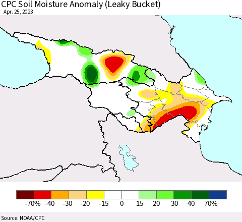 Azerbaijan, Armenia and Georgia CPC Soil Moisture Anomaly (Leaky Bucket) Thematic Map For 4/21/2023 - 4/25/2023
