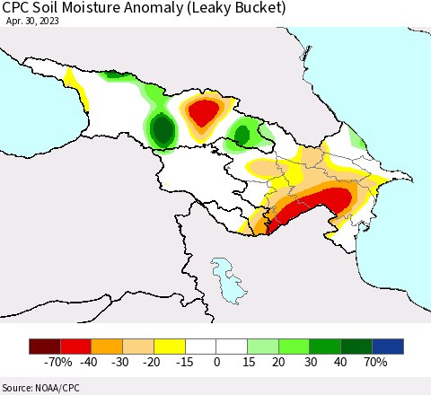 Azerbaijan, Armenia and Georgia CPC Soil Moisture Anomaly (Leaky Bucket) Thematic Map For 4/26/2023 - 4/30/2023