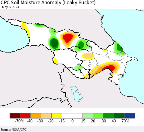Azerbaijan, Armenia and Georgia CPC Soil Moisture Anomaly (Leaky Bucket) Thematic Map For 5/1/2023 - 5/5/2023
