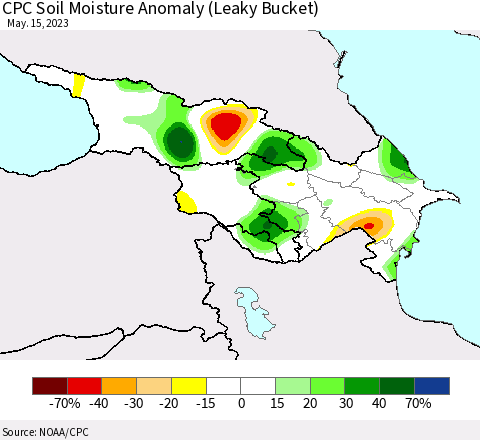 Azerbaijan, Armenia and Georgia CPC Soil Moisture Anomaly (Leaky Bucket) Thematic Map For 5/11/2023 - 5/15/2023