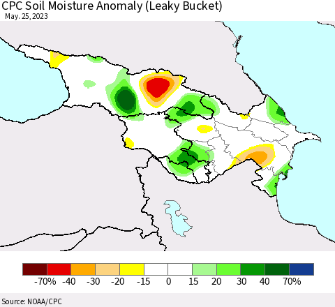 Azerbaijan, Armenia and Georgia CPC Soil Moisture Anomaly (Leaky Bucket) Thematic Map For 5/21/2023 - 5/25/2023