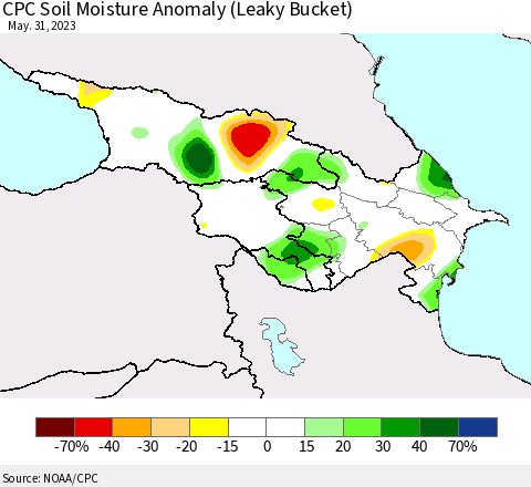 Azerbaijan, Armenia and Georgia CPC Soil Moisture Anomaly (Leaky Bucket) Thematic Map For 5/26/2023 - 5/31/2023
