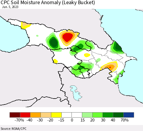 Azerbaijan, Armenia and Georgia CPC Soil Moisture Anomaly (Leaky Bucket) Thematic Map For 6/1/2023 - 6/5/2023