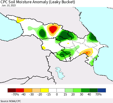 Azerbaijan, Armenia and Georgia CPC Soil Moisture Anomaly (Leaky Bucket) Thematic Map For 6/6/2023 - 6/10/2023