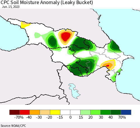 Azerbaijan, Armenia and Georgia CPC Soil Moisture Anomaly (Leaky Bucket) Thematic Map For 6/11/2023 - 6/15/2023