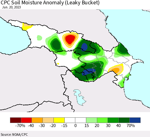 Azerbaijan, Armenia and Georgia CPC Soil Moisture Anomaly (Leaky Bucket) Thematic Map For 6/16/2023 - 6/20/2023