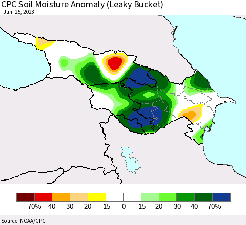 Azerbaijan, Armenia and Georgia CPC Soil Moisture Anomaly (Leaky Bucket) Thematic Map For 6/21/2023 - 6/25/2023
