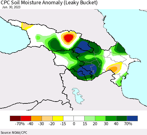 Azerbaijan, Armenia and Georgia CPC Soil Moisture Anomaly (Leaky Bucket) Thematic Map For 6/26/2023 - 6/30/2023