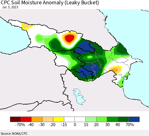 Azerbaijan, Armenia and Georgia CPC Soil Moisture Anomaly (Leaky Bucket) Thematic Map For 7/1/2023 - 7/5/2023
