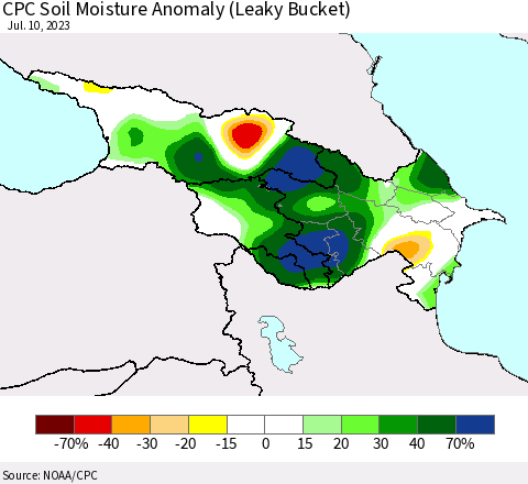 Azerbaijan, Armenia and Georgia CPC Soil Moisture Anomaly (Leaky Bucket) Thematic Map For 7/6/2023 - 7/10/2023