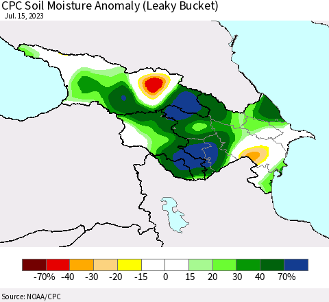Azerbaijan, Armenia and Georgia CPC Soil Moisture Anomaly (Leaky Bucket) Thematic Map For 7/11/2023 - 7/15/2023