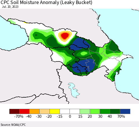 Azerbaijan, Armenia and Georgia CPC Soil Moisture Anomaly (Leaky Bucket) Thematic Map For 7/16/2023 - 7/20/2023