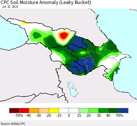 Azerbaijan, Armenia and Georgia CPC Soil Moisture Anomaly (Leaky Bucket) Thematic Map For 7/26/2023 - 7/31/2023