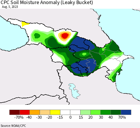 Azerbaijan, Armenia and Georgia CPC Soil Moisture Anomaly (Leaky Bucket) Thematic Map For 8/1/2023 - 8/5/2023