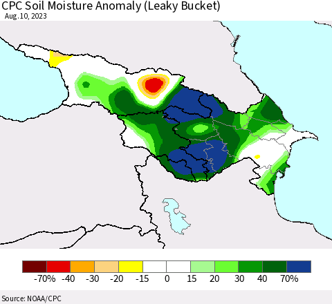 Azerbaijan, Armenia and Georgia CPC Soil Moisture Anomaly (Leaky Bucket) Thematic Map For 8/6/2023 - 8/10/2023