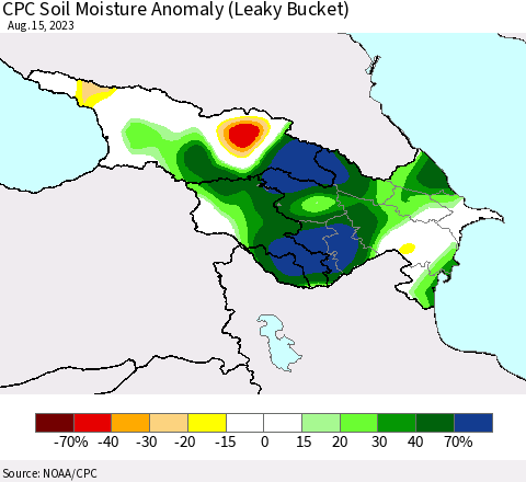 Azerbaijan, Armenia and Georgia CPC Soil Moisture Anomaly (Leaky Bucket) Thematic Map For 8/11/2023 - 8/15/2023