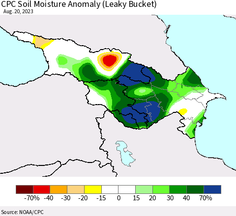 Azerbaijan, Armenia and Georgia CPC Soil Moisture Anomaly (Leaky Bucket) Thematic Map For 8/16/2023 - 8/20/2023