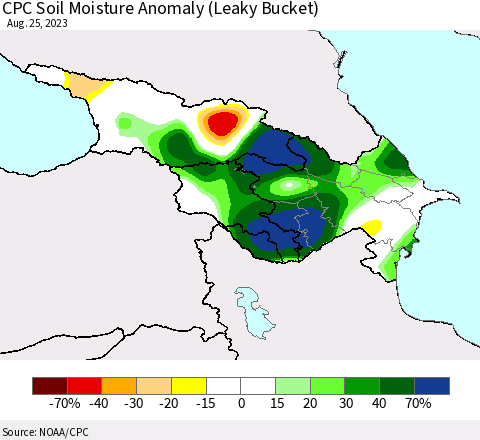 Azerbaijan, Armenia and Georgia CPC Soil Moisture Anomaly (Leaky Bucket) Thematic Map For 8/21/2023 - 8/25/2023