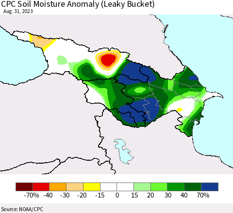 Azerbaijan, Armenia and Georgia CPC Soil Moisture Anomaly (Leaky Bucket) Thematic Map For 8/26/2023 - 8/31/2023
