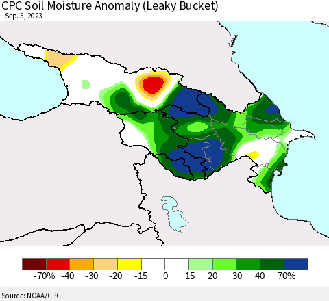 Azerbaijan, Armenia and Georgia CPC Soil Moisture Anomaly (Leaky Bucket) Thematic Map For 9/1/2023 - 9/5/2023