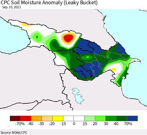 Azerbaijan, Armenia and Georgia CPC Soil Moisture Anomaly (Leaky Bucket) Thematic Map For 9/6/2023 - 9/10/2023