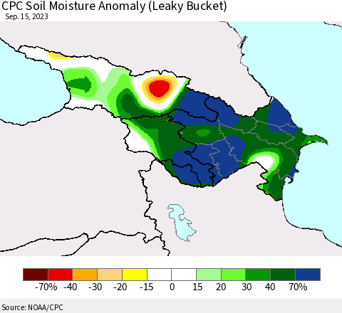 Azerbaijan, Armenia and Georgia CPC Soil Moisture Anomaly (Leaky Bucket) Thematic Map For 9/11/2023 - 9/15/2023