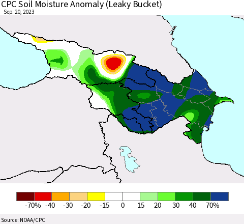 Azerbaijan, Armenia and Georgia CPC Soil Moisture Anomaly (Leaky Bucket) Thematic Map For 9/16/2023 - 9/20/2023