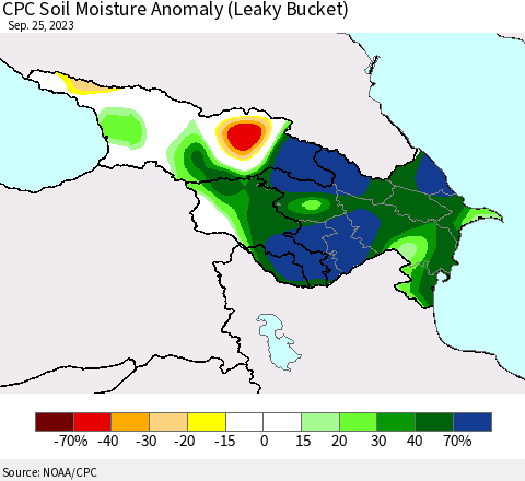 Azerbaijan, Armenia and Georgia CPC Soil Moisture Anomaly (Leaky Bucket) Thematic Map For 9/21/2023 - 9/25/2023