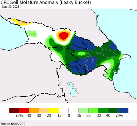 Azerbaijan, Armenia and Georgia CPC Soil Moisture Anomaly (Leaky Bucket) Thematic Map For 9/26/2023 - 9/30/2023