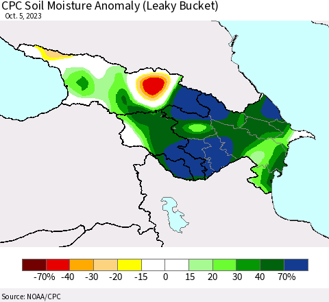 Azerbaijan, Armenia and Georgia CPC Soil Moisture Anomaly (Leaky Bucket) Thematic Map For 10/1/2023 - 10/5/2023