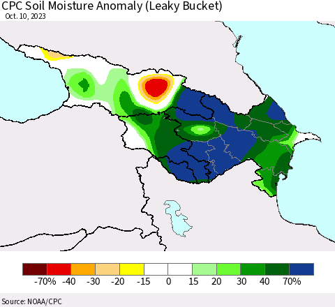 Azerbaijan, Armenia and Georgia CPC Soil Moisture Anomaly (Leaky Bucket) Thematic Map For 10/6/2023 - 10/10/2023