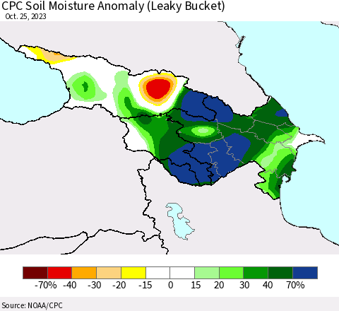 Azerbaijan, Armenia and Georgia CPC Soil Moisture Anomaly (Leaky Bucket) Thematic Map For 10/21/2023 - 10/25/2023