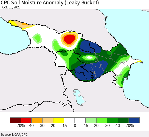 Azerbaijan, Armenia and Georgia CPC Soil Moisture Anomaly (Leaky Bucket) Thematic Map For 10/26/2023 - 10/31/2023
