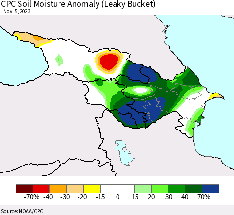Azerbaijan, Armenia and Georgia CPC Soil Moisture Anomaly (Leaky Bucket) Thematic Map For 11/1/2023 - 11/5/2023