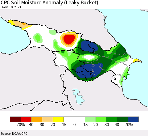 Azerbaijan, Armenia and Georgia CPC Soil Moisture Anomaly (Leaky Bucket) Thematic Map For 11/6/2023 - 11/10/2023