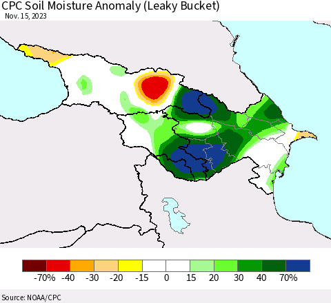 Azerbaijan, Armenia and Georgia CPC Soil Moisture Anomaly (Leaky Bucket) Thematic Map For 11/11/2023 - 11/15/2023
