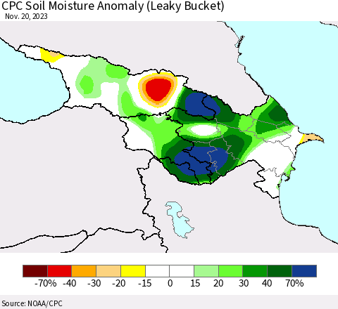 Azerbaijan, Armenia and Georgia CPC Soil Moisture Anomaly (Leaky Bucket) Thematic Map For 11/16/2023 - 11/20/2023