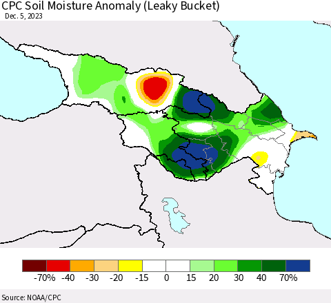 Azerbaijan, Armenia and Georgia CPC Soil Moisture Anomaly (Leaky Bucket) Thematic Map For 12/1/2023 - 12/5/2023