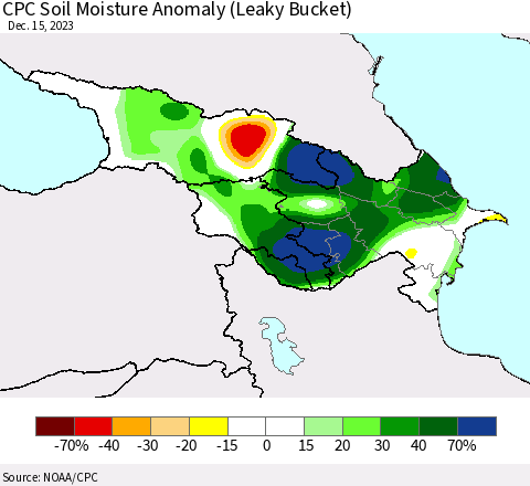 Azerbaijan, Armenia and Georgia CPC Soil Moisture Anomaly (Leaky Bucket) Thematic Map For 12/11/2023 - 12/15/2023