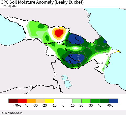 Azerbaijan, Armenia and Georgia CPC Soil Moisture Anomaly (Leaky Bucket) Thematic Map For 12/16/2023 - 12/20/2023