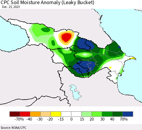 Azerbaijan, Armenia and Georgia CPC Soil Moisture Anomaly (Leaky Bucket) Thematic Map For 12/21/2023 - 12/25/2023
