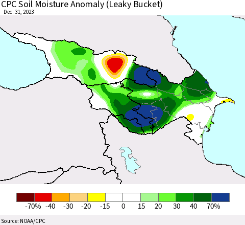 Azerbaijan, Armenia and Georgia CPC Soil Moisture Anomaly (Leaky Bucket) Thematic Map For 12/26/2023 - 12/31/2023