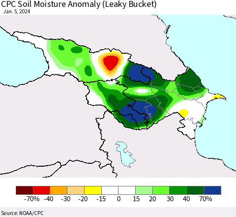 Azerbaijan, Armenia and Georgia CPC Soil Moisture Anomaly (Leaky Bucket) Thematic Map For 1/1/2024 - 1/5/2024