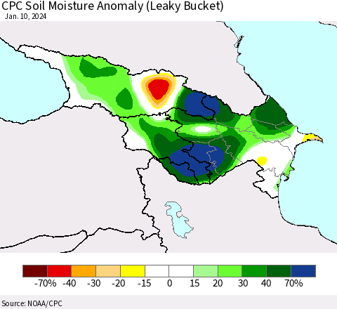 Azerbaijan, Armenia and Georgia CPC Soil Moisture Anomaly (Leaky Bucket) Thematic Map For 1/6/2024 - 1/10/2024