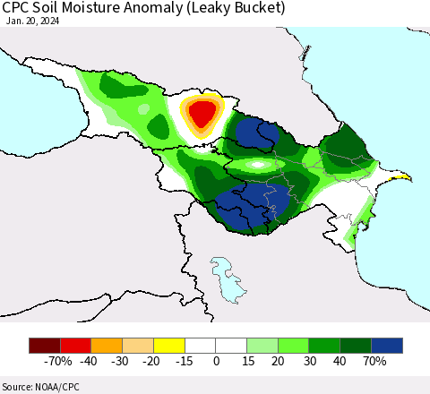 Azerbaijan, Armenia and Georgia CPC Soil Moisture Anomaly (Leaky Bucket) Thematic Map For 1/16/2024 - 1/20/2024